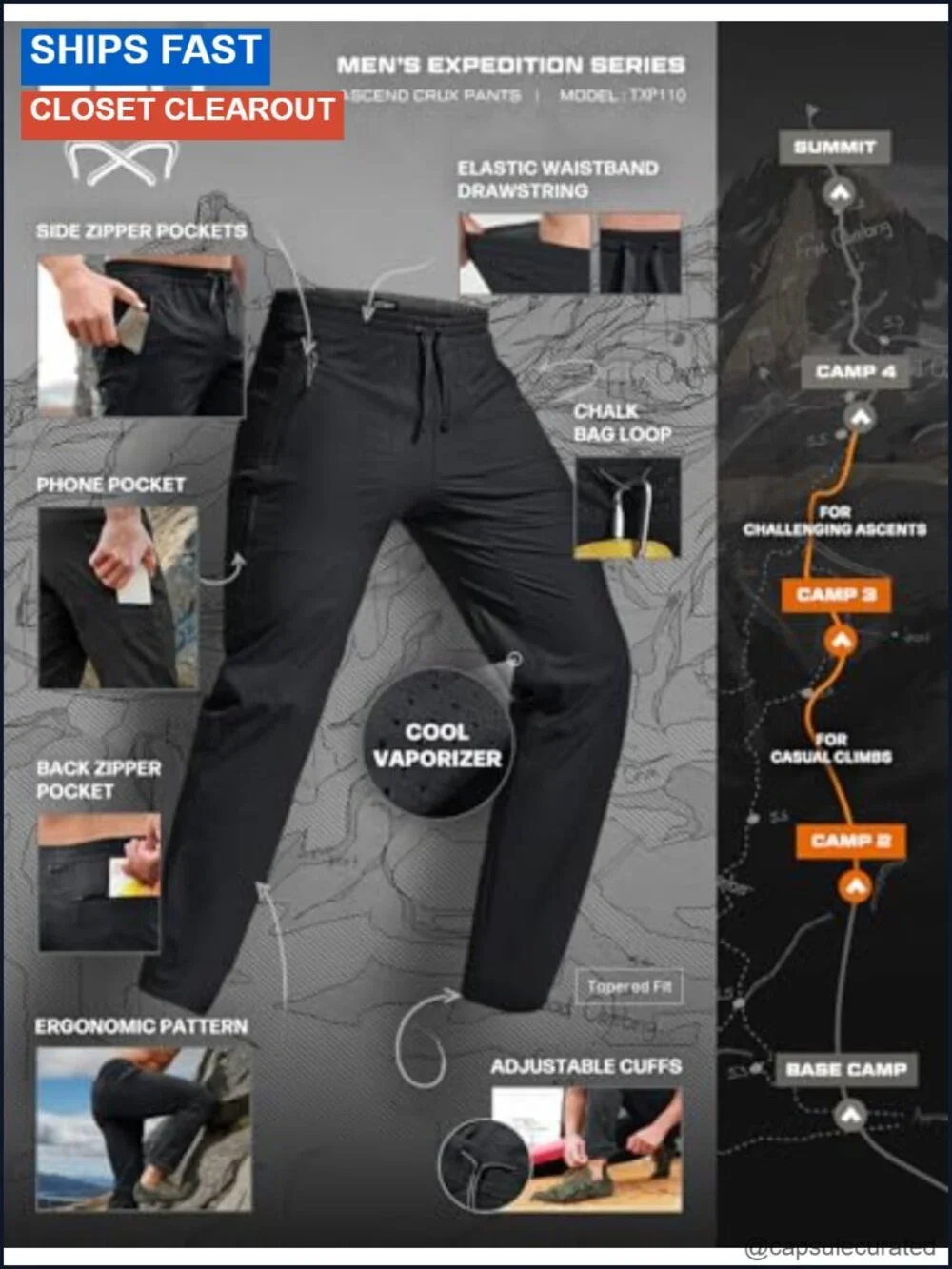 Men's Water-Resistant Cargo Hiking Pants with Elastic Waist, 87% Nylon